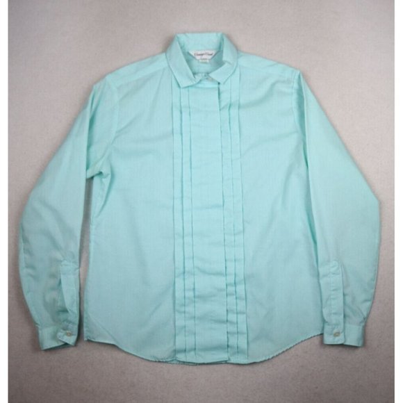 VINTAGE WOMEN'S LIGHT BLUE PLEATED TUXEDO STYLE BUTTON-UP BLOUSE - SIZE 10 - Picture 1 of 7